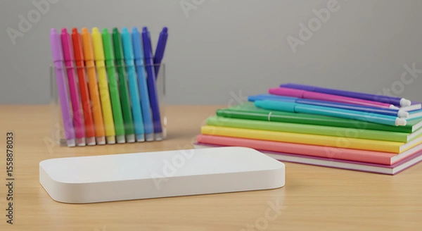 Obraz White Rectangular Object on Wooden Surface Stationary.