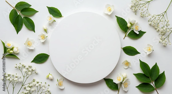 Obraz White Round Plate Decorated with Jasmine Blossoms and Green Leaves.