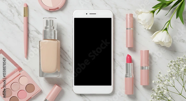 Obraz White Smartphone with Blank Screen on Marble Surface Surrounded by Cosmetics.