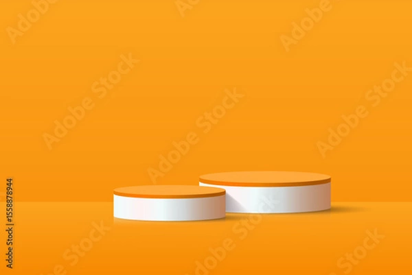 Obraz 3D product Minimal display stand. Orange and white cylinder stand podium on orange background. Abstract geometric shapes in a simple design. Fashion stage mockup scene. Studio product display stand.