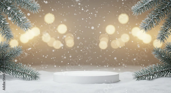 Obraz Winter Scene with White Podium Snowfall and Pine Branches for Product Display.