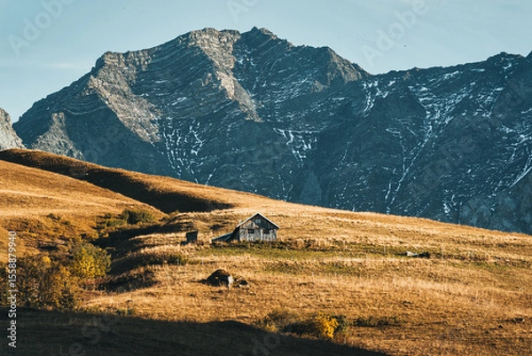 Fototapeta Rustic hut on dry hill with rocky mountain in autumn at French Alps