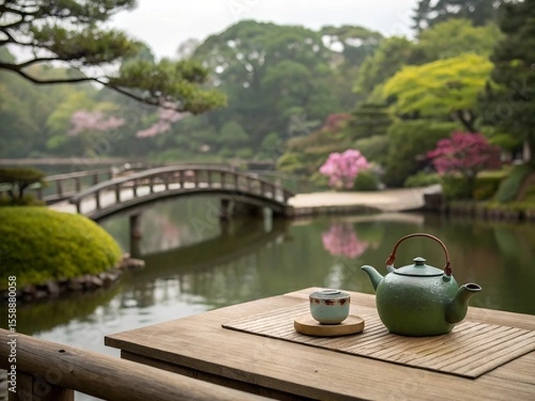 Fototapeta Tea preparation in a serene Japanese garden with a wooden bridge and blooming cherry trees on a calm afternoon