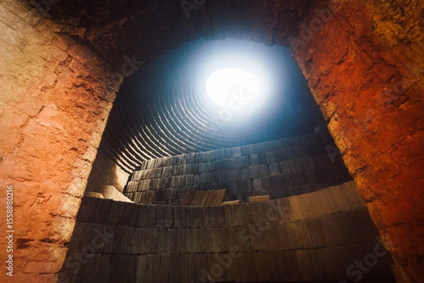 Fototapeta Inside traditional pottery kiln with pile of clay tile