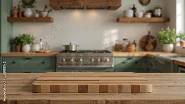 Fototapeta Empty Wooden Cutting Board Kitchen Counter Rustic Background Traditional Cabinetry Warm