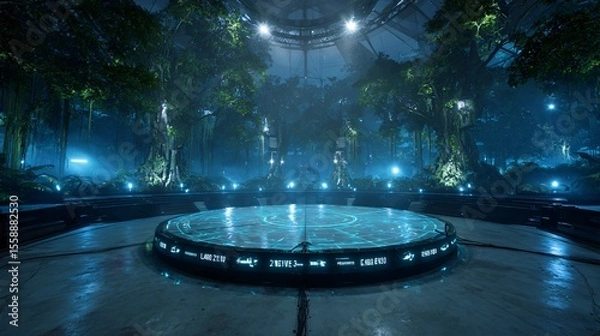 Fototapeta Cybernetic jungle gaming podium with bioluminescent data vines. Copy space. Generative AI