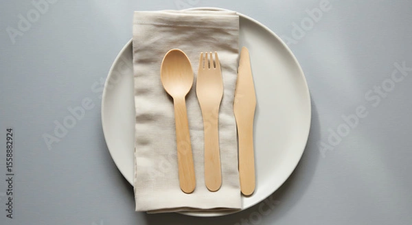 Obraz Wooden Cutlery Set on Plate with Napkin.