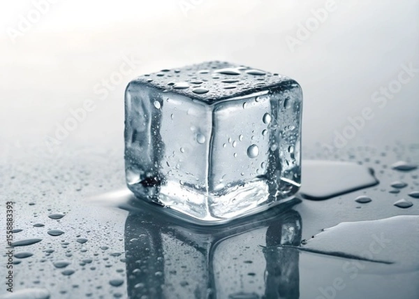 Fototapeta Clear ice cube resting on a reflective surface with droplets of water in a well-lit environment during the daytime