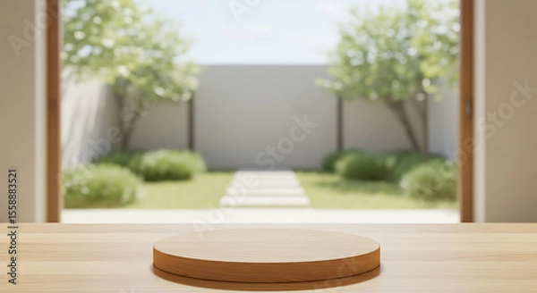 Obraz Wooden Display Platform on Tabletop with Garden View.