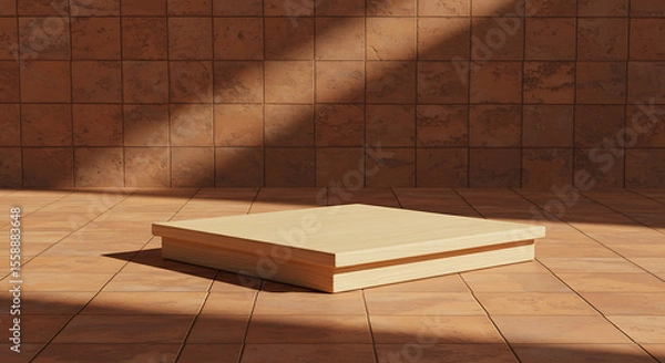 Obraz Wooden Display Platform on Tile Floor with Shadows.