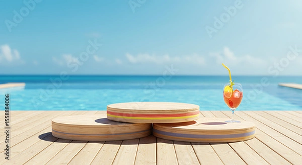 Obraz Wooden Display Platforms with Cocktail by the Pool.