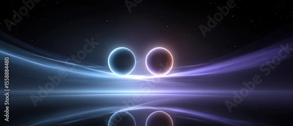 Fototapeta Two glowing celestial spheres hover in space above a reflective surface, connected by vibrant, flowing light trails in shades of blue and purple.