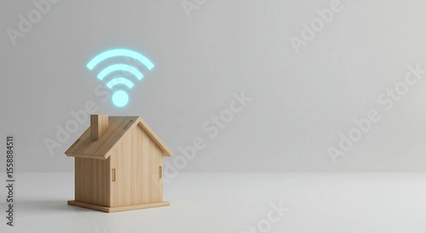 Obraz Wooden Model House with Wireless Signal Icon.