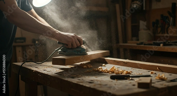 Obraz Woodworker sanding a wooden plank with power sander in workshop.