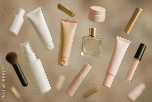 Obraz Blurred Background with Floating Cosmetic Products Creating Dynamic Depth Effect