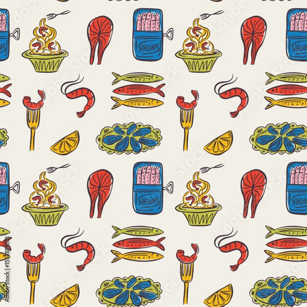 Fototapeta Whimsical hand drawn sea food seamless pattern in trendy whimsical style. Perfect  background for quirky italian wedding holiday, poster cards, dinner and bar menu, fabric, wrapping paper