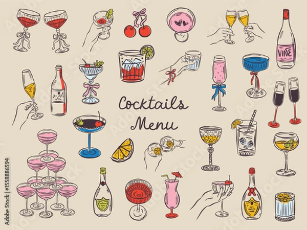 Fototapeta Whimsical hand drawn bar menu illustrations in trendy whimsical style. Perfect doodle for quirky italian wedding holiday, poster, dinner and bar menu, bachelorette party, birthday invitation, sign.