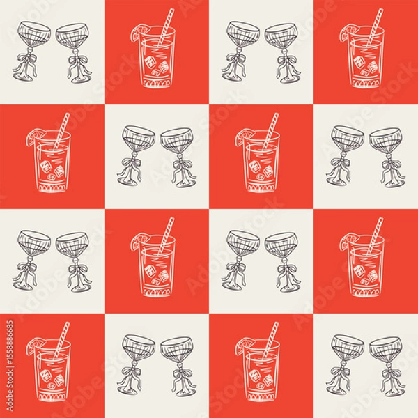 Fototapeta Whimsical hand drawn drinks, cocktails seamless pattern in trendy whimsical style. Perfect  background for quirky italian wedding holiday, poster cards, dinner and bar menu, fabric, wrapping paper.