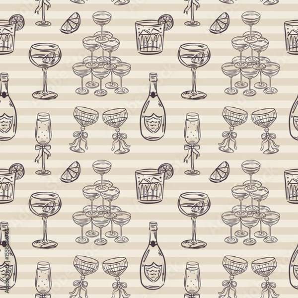 Fototapeta Whimsical hand drawn drinks, cocktails seamless pattern in trendy whimsical style. Perfect  background for quirky italian wedding holiday, poster cards, dinner and bar menu, fabric, wrapping paper.