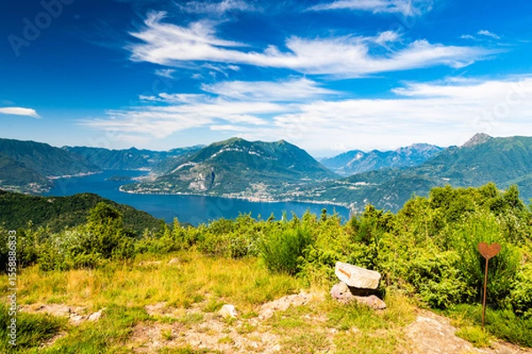 Fototapeta Panorama of Lake Como, with Tremezzina, Villa Balbianello, a glimpse of Lake Lugano, photographed from Alpe Tedoldo.
