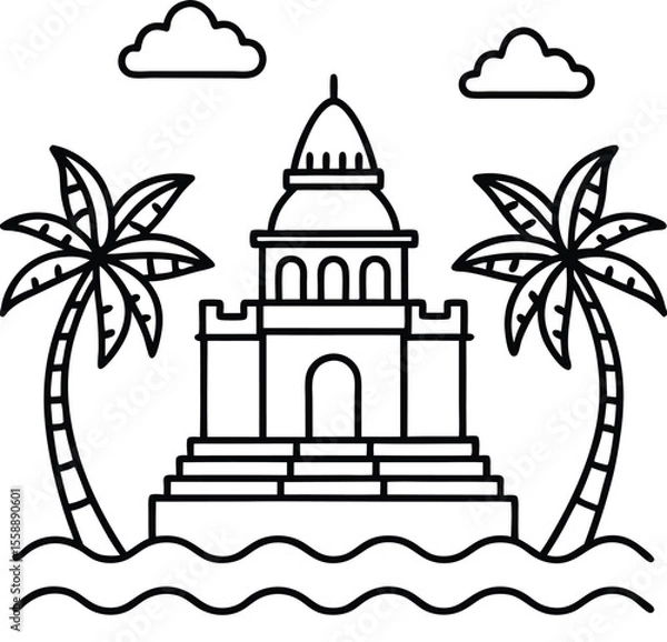 Fototapeta Temple by the Sea with Palm Trees