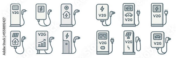 Fototapeta Different types of vehicle-to-grid charging stations in a modern design layout