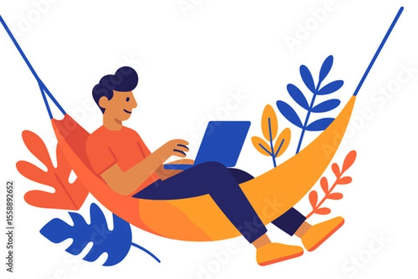 Fototapeta Person working on laptop while relaxing in hammock surrounded by greenery