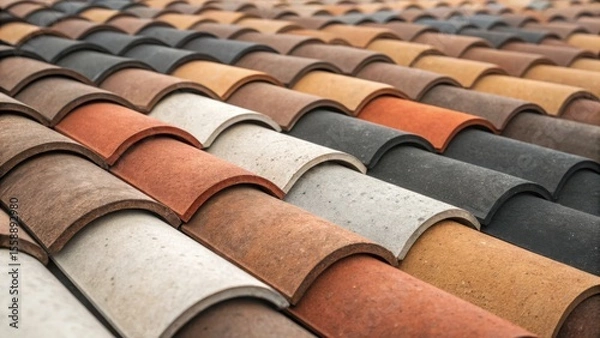 Fototapeta Close up view of a roof with multi colored clay tiles creating a textured pattern