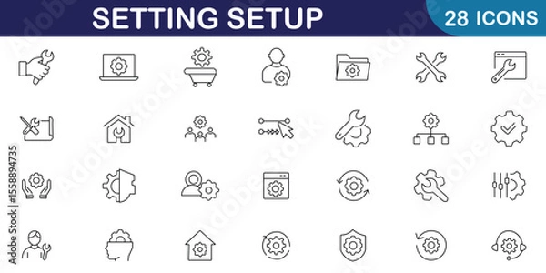 Fototapeta Settings and Setup icon set. Containing options, logo, tools, configuration, preferences, adjustments, gear, ui and more. Editable stroke. Vector illustration.