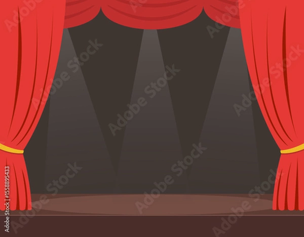 Fototapeta Empty stage with opened red curtains in flat style. Theater stage concept. Vector stock