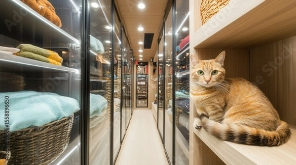 Fototapeta Cozy Cat in Modern Storage Room with Shelves and Soft Textiles
