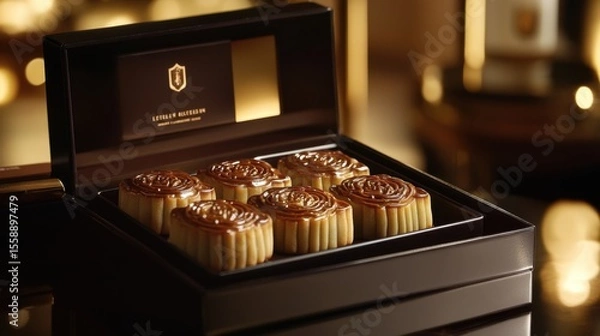 Fototapeta Elegant Mooncake Box Display with Gourmet Treats and Luxury Design
