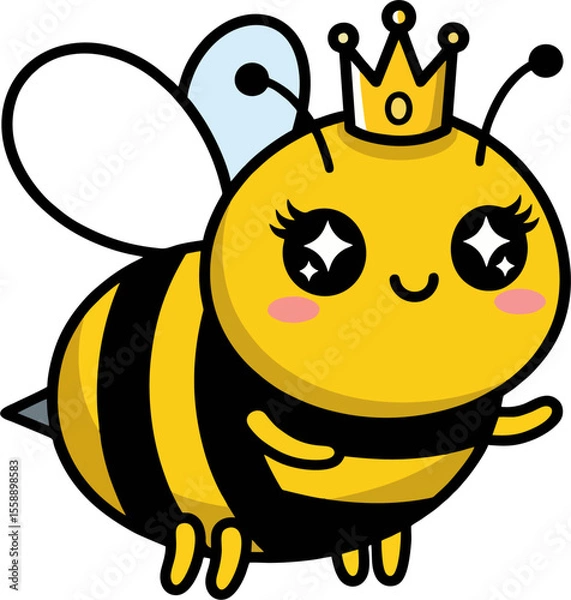 Obraz Cute Queen Bee Cartoon with Sparkling Eyes and Crown – Adorable Flying Bee Vector for Kids and Nursery Designs