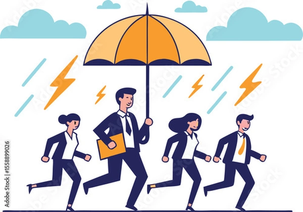 Fototapeta Team of business people running together under an orange umbrella during a storm with lightning and rain isolated on transparent background