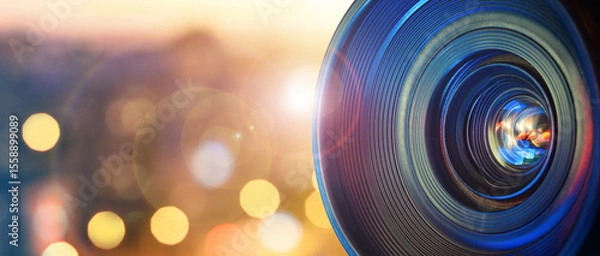 Obraz Сamera lens on the background of the city lights. Concept on the topic of news, information. Camera Lens background.