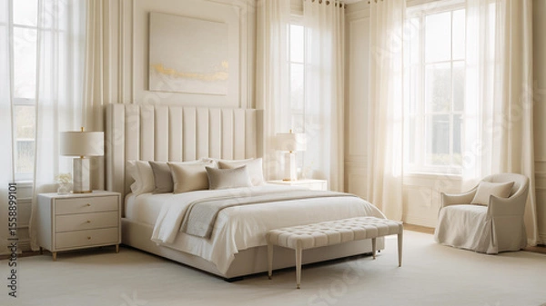 Fototapeta Elegant cream bedroom with plush furnishings luxurious