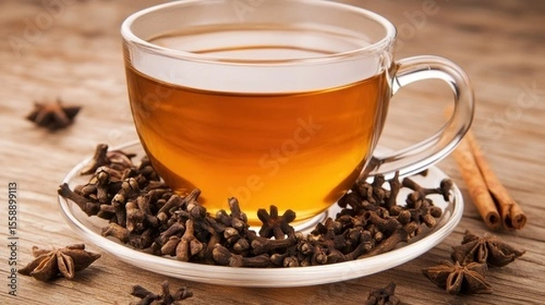 Fototapeta Warm Herbal Tea with Cloves and Cinnamon on Wooden Table Surface