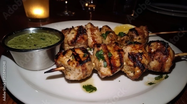 Fototapeta Grilled Chicken Skewers with Lemon and Dipping Sauce Served Hot