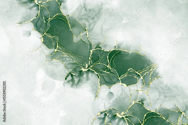 Fototapeta green alcohol ink graceful abstract ink flow art mixed with gold patterns with a translucent background