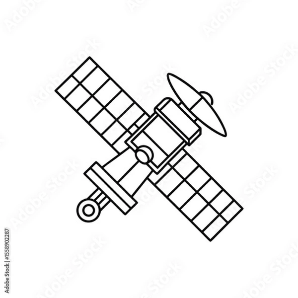Fototapeta Stylized outline drawing of a modern satellite with solar panels and antenna.