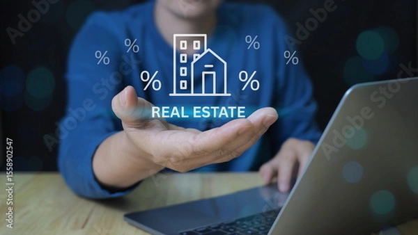 Fototapeta digital interface showcases real estate investment processes including buying, owning, and selling properties online. concept highlights profit from cash flow, property appreciation, and tax benefits.