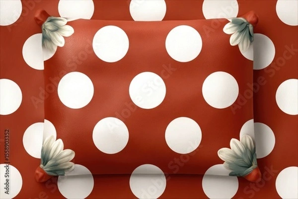 Fototapeta Red polka dot pillow with white dots and flowers