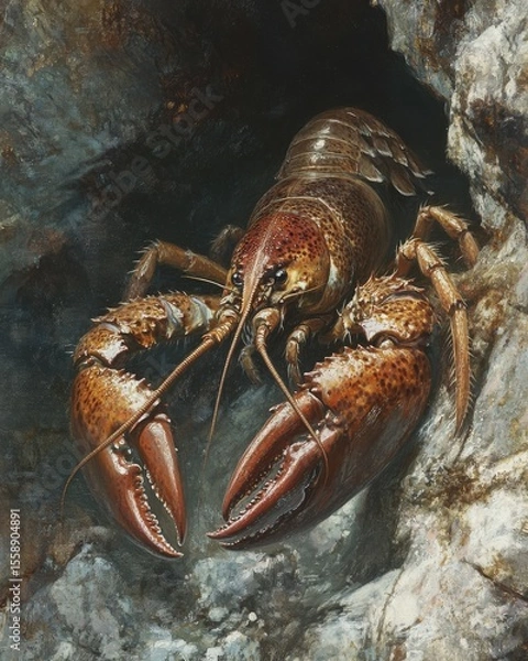 Fototapeta Close-up of a lobster in a rocky underwater crevice, claws extended