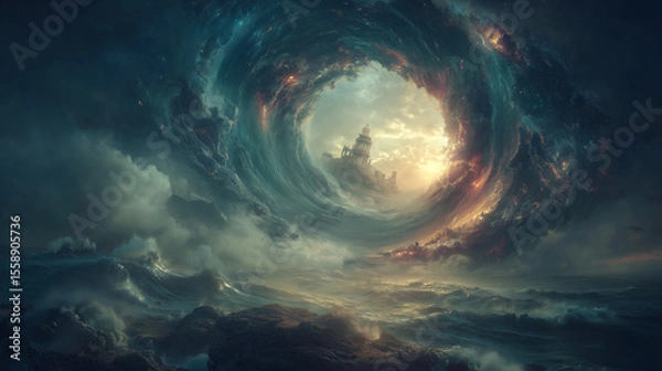 Obraz Ancient lighthouse standing against a dramatic stormy vortex