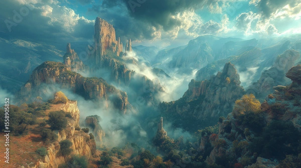 Obraz Dramatic mountain spires breaking through a sea of clouds