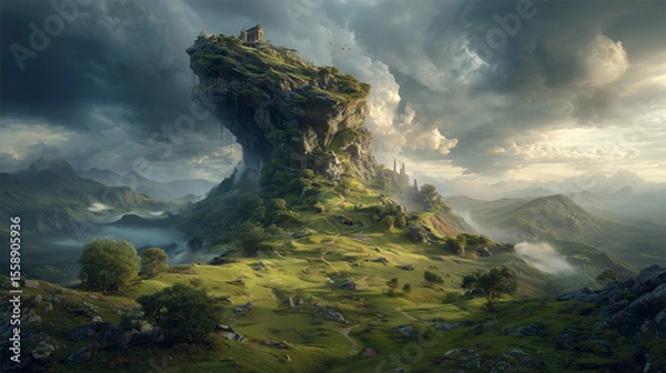 Obraz Solitary house on a colossal rock formation under a stormy sky