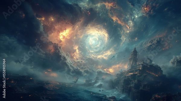 Obraz Cliffside city against a fiery celestial maelstrom