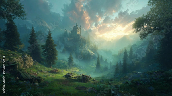 Obraz Misty morning in a fantasy valley with a distant castle