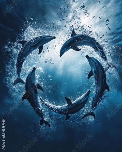 Fototapeta Dolphins forming a circle underwater, bubbles rising around them