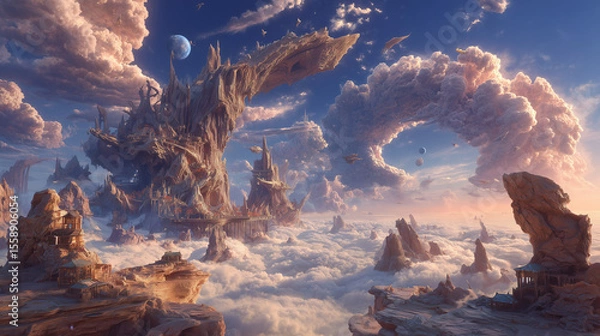 Obraz Epic sky kingdom with flying ships above a sea of clouds